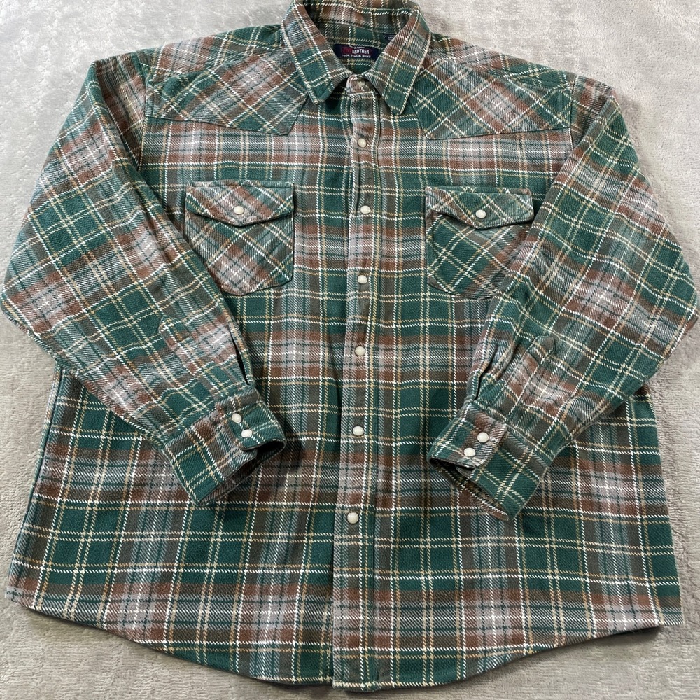 Vintage Five Brother Flannel Shirt Men XL Green‎ Plaid Button Work Outdoor Heavy